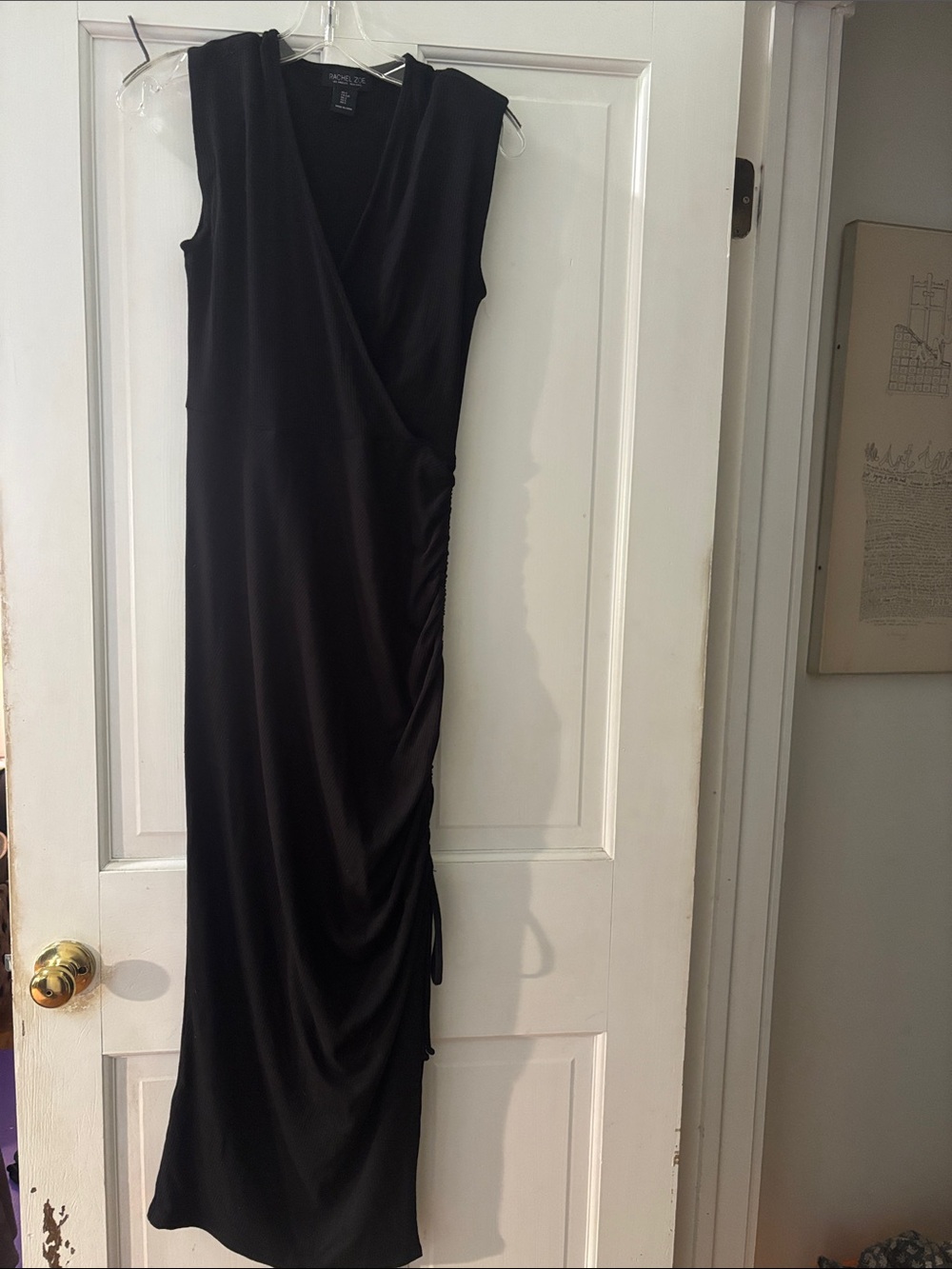 Rachel Zoe Black Sleeveless Faux-Wrap Maxi Dress ruched with adjustable slit